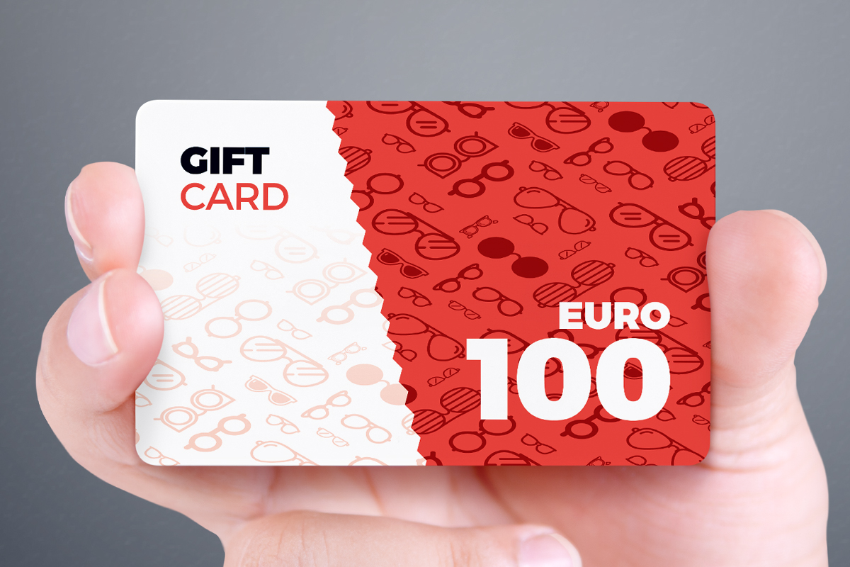 La gift card disegnata per Ottica Galuzzi; qui viene mostrato il lato frontale della card, nella versione rossa da 100€