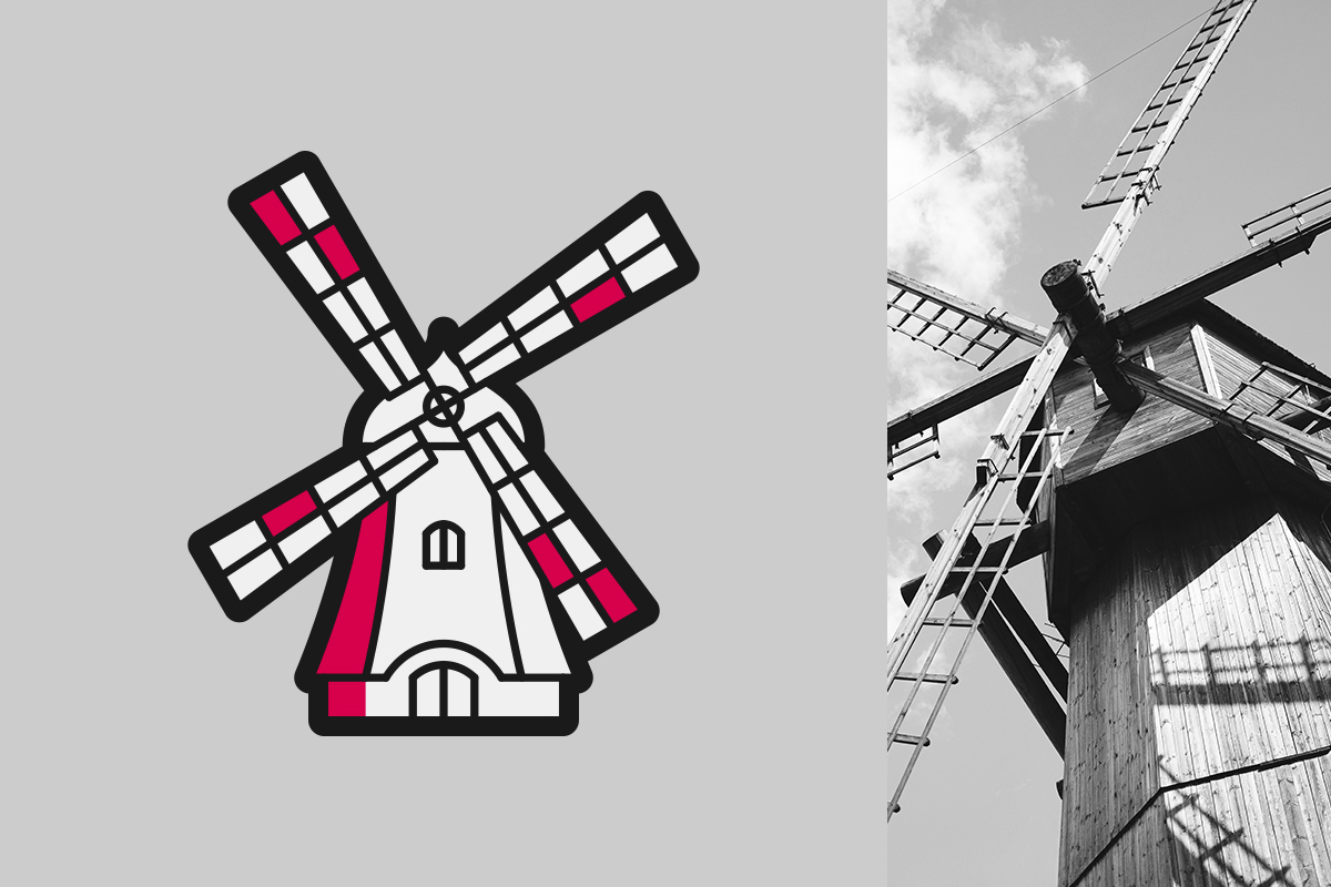 L’icona di un mulino a vento; l’icona – in “negativo” (su fondo grigio) – fa parte del set disegnato per l’interfaccia del videogioco “MotoGP™19”