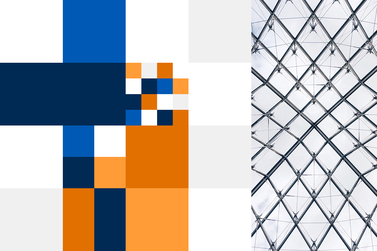 A sinistra, la “palette” cromatica che contraddistingue il brand (i cinque colori su cui si basa l’identità del marchio); a destra, un richiamo alla forte connotazione geometrica del logo di RDG (solida attività operante all’interno del settore informatico)