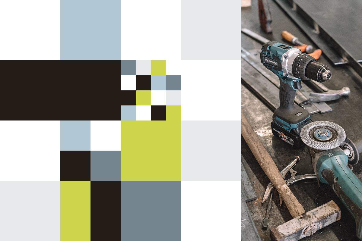 A sinistra, la “palette” cromatica che contraddistingue il brand (i cinque colori su cui si basa l’identità del marchio); a destra, un riferimento al settore di appartenenza di Rettifica DUE B (realtà artigianale all’avanguardia nelle lavorazioni meccaniche di precisione)