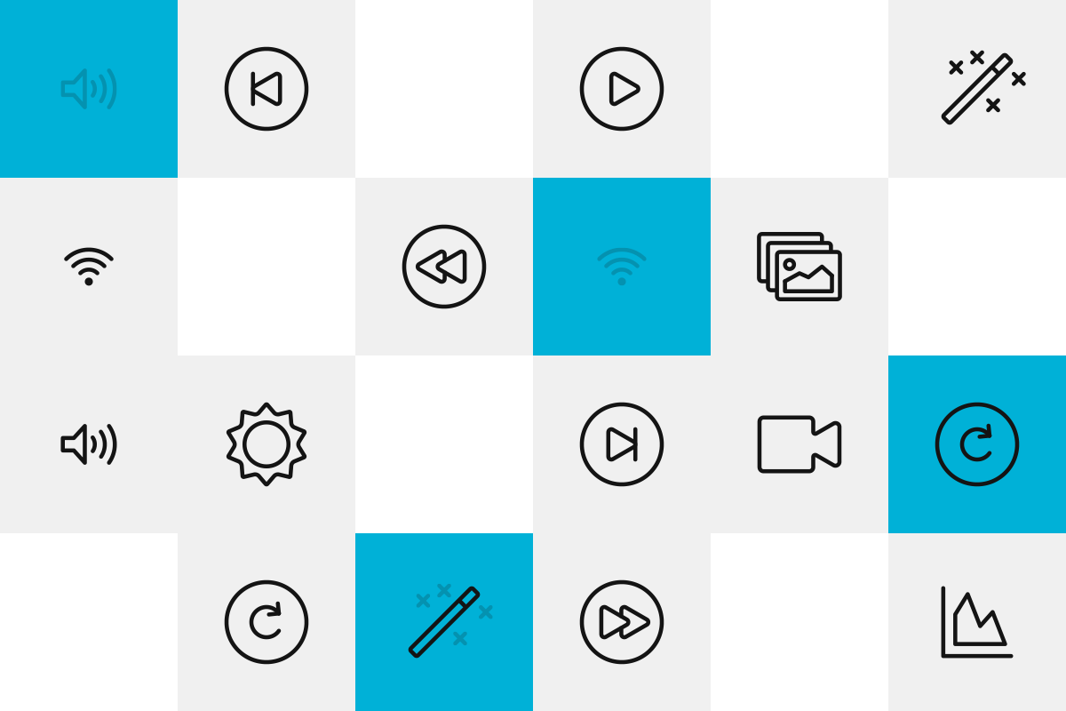 Tredici icone disegnate per l’interfaccia del videogioco “Ride 3”: sei utilizzate per i comandi di un lettore video; cinque utilizzate per i comandi di un correttore fotografico; infine, le ultime due (l’una a simboleggiare la connessione “WiFi” e l’altra a indicare il livello dell’audio)