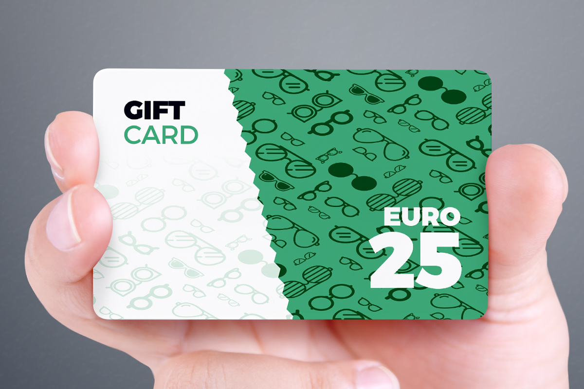La gift card disegnata per Ottica Galuzzi; qui viene mostrato il lato frontale della card, nella versione verde da 25€