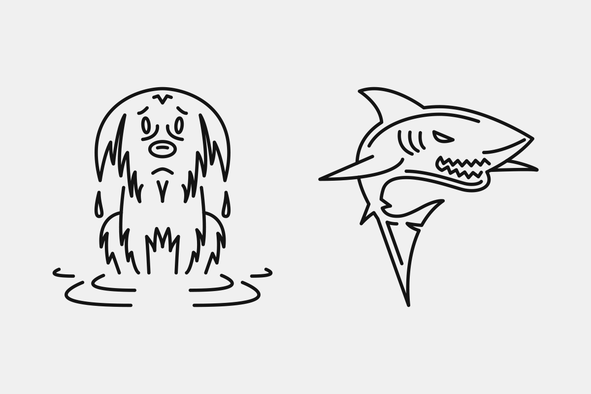 A sinistra, l’icona di un cane tutto bagnato; a destra, l’icona di uno squalo feroce (entrambe le icone sono visualizzate in “positivo”, nere su fondo bianco)