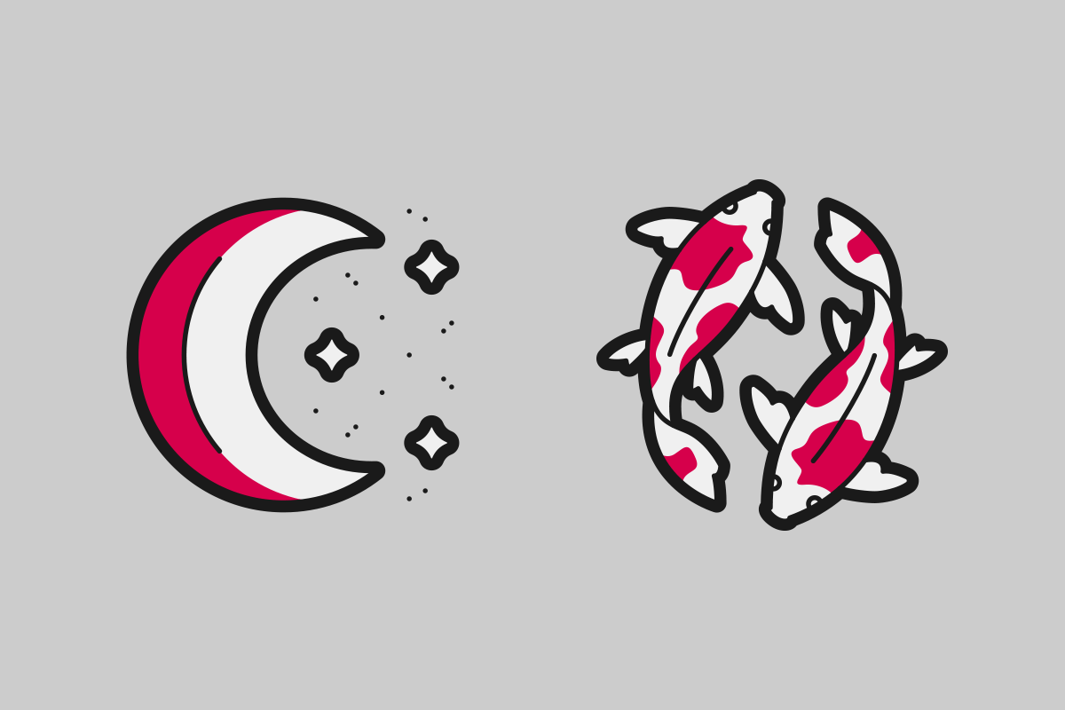 A sinistra, l’icona della luna; a destra, l’icona di due carpe koi (entrambe le icone sono visualizzate in “negativo”, su fondo grigio)