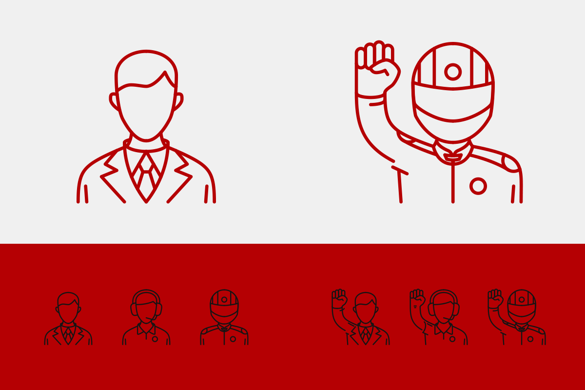 In alto a sinistra, l’animazione delle tre icone in “positivo” (il manager, il team manager e il pilota) con le braccia lungo il corpo; in alto a destra, l’animazione delle tre icone in “positivo” (il manager, il team manager e il pilota) con il braccio alzato per festeggiare una vittoria; in basso, le stesse icone in “negativo” (nere su fondo rosso) e in dimensioni ridotte