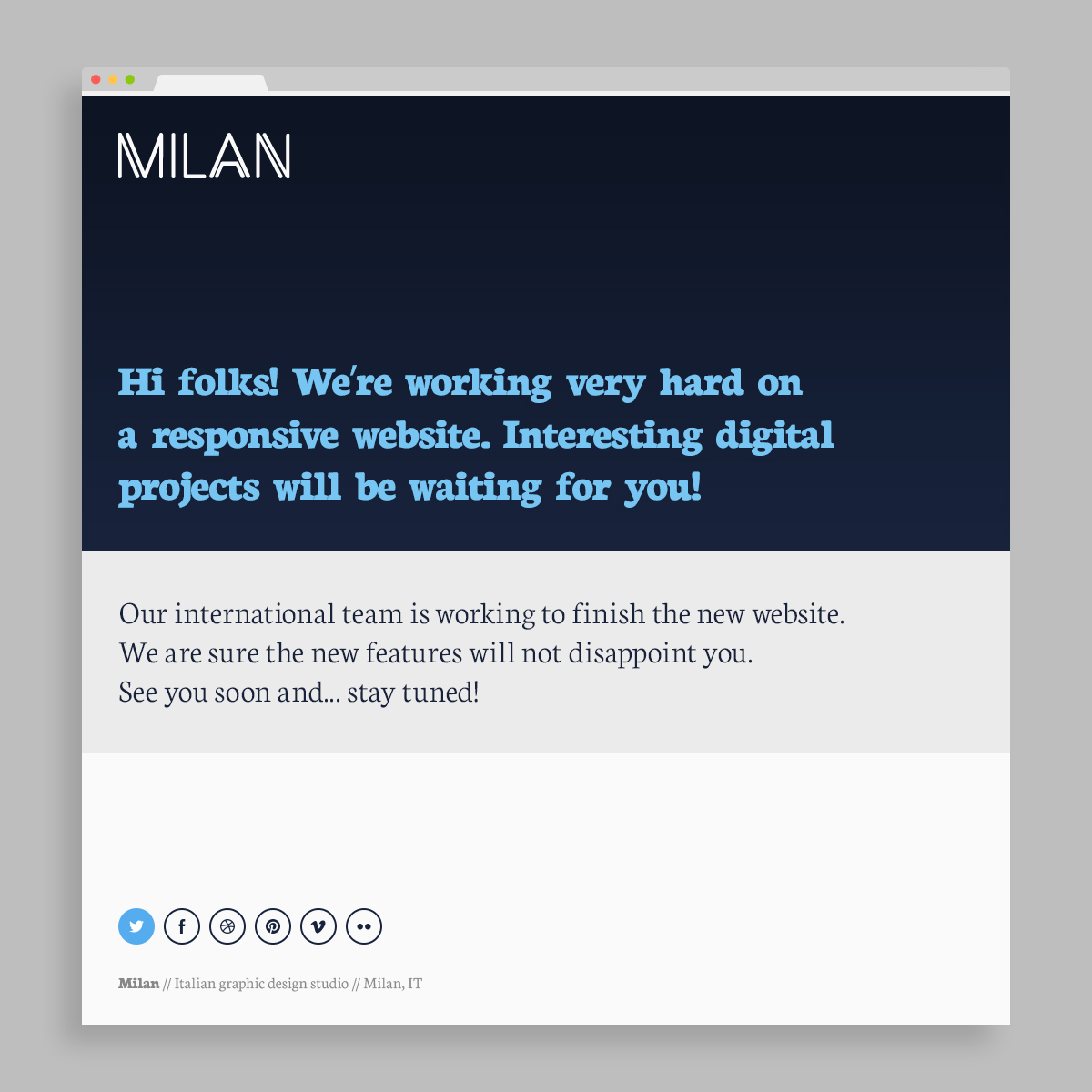 La prima versione cromatica del template “Milan | Coming Soon Page” in vendita sul mio “shop” di Creative Market; i contenuti – facilmente personalizzabili – sono accompagnati da uno sfondo che combina un gradiente a due tinte piatte