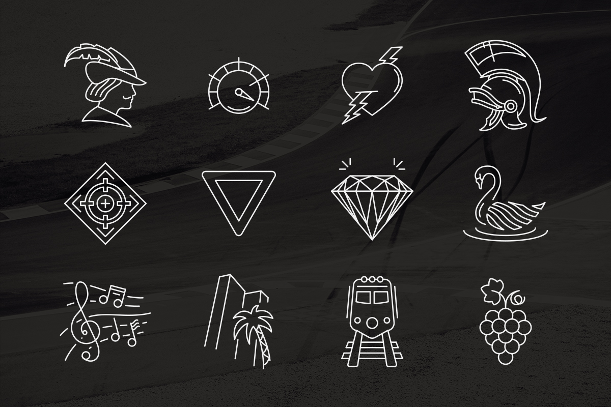 Dodici icone appartenenti al set disegnato per l’interfaccia del videogioco “Ride 3”; le icone – qui visualizzate in “negativo” (bianche su fondo scuro) – sono disegnate in “outline” utilizzando colori piatti (“flat design”)
