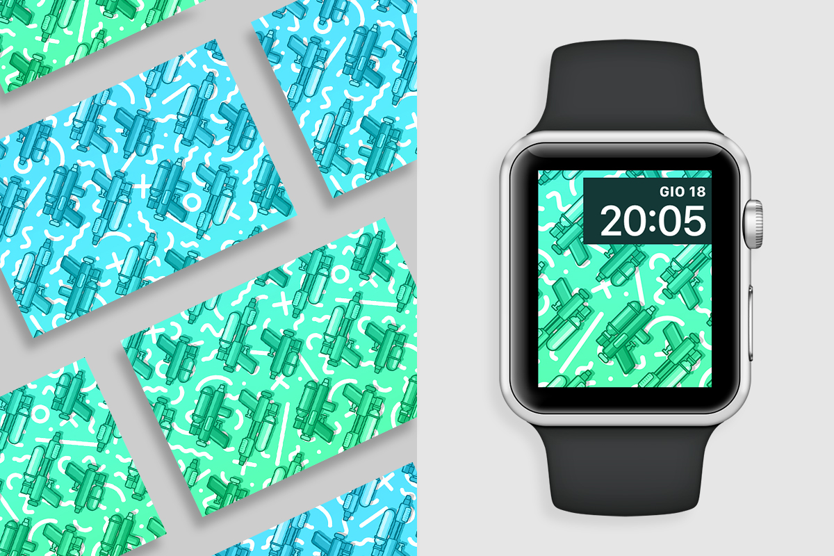 A sinistra, le due immagini realizzate per la grafica della newsletter estiva del 2019; a destra, una delle due immagini visualizzata sullo schermo di un Apple Watch