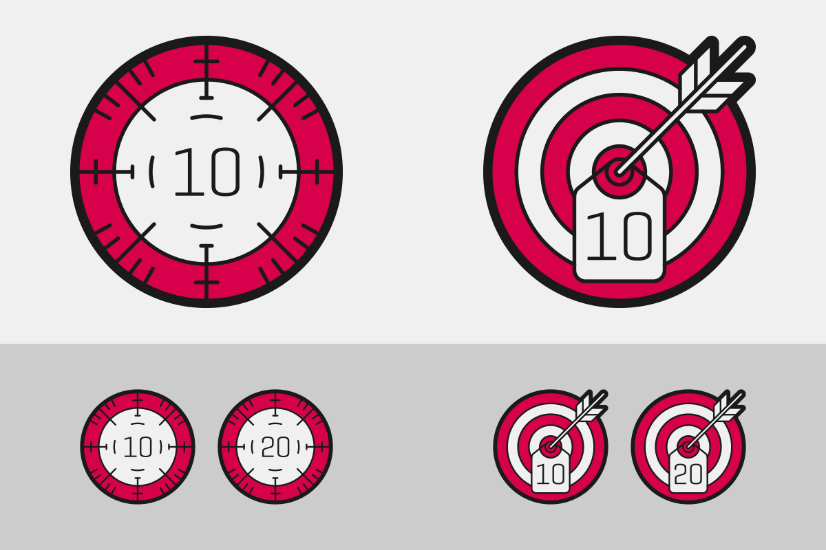 In alto a sinistra, l’animazione delle due icone in “positivo” (il mirino con al centro il numero 10 e il mirino con al centro il numero 20); in alto a destra, l’animazione delle due icone in “positivo” (la freccia che centra un bersaglio indicante il numero 10 e la freccia che centra un bersaglio indicante il numero 20); in basso, le stesse icone in “negativo” (su fondo grigio) e in dimensioni ridotte
