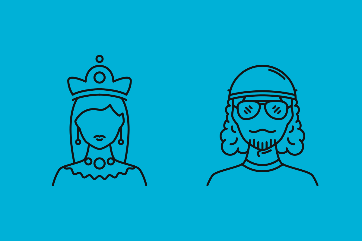 A sinistra, l’icona di una principessa; a destra, l’icona di un motociclista (entrambe le icone sono visualizzate in “negativo”, nere su fondo azzurro)