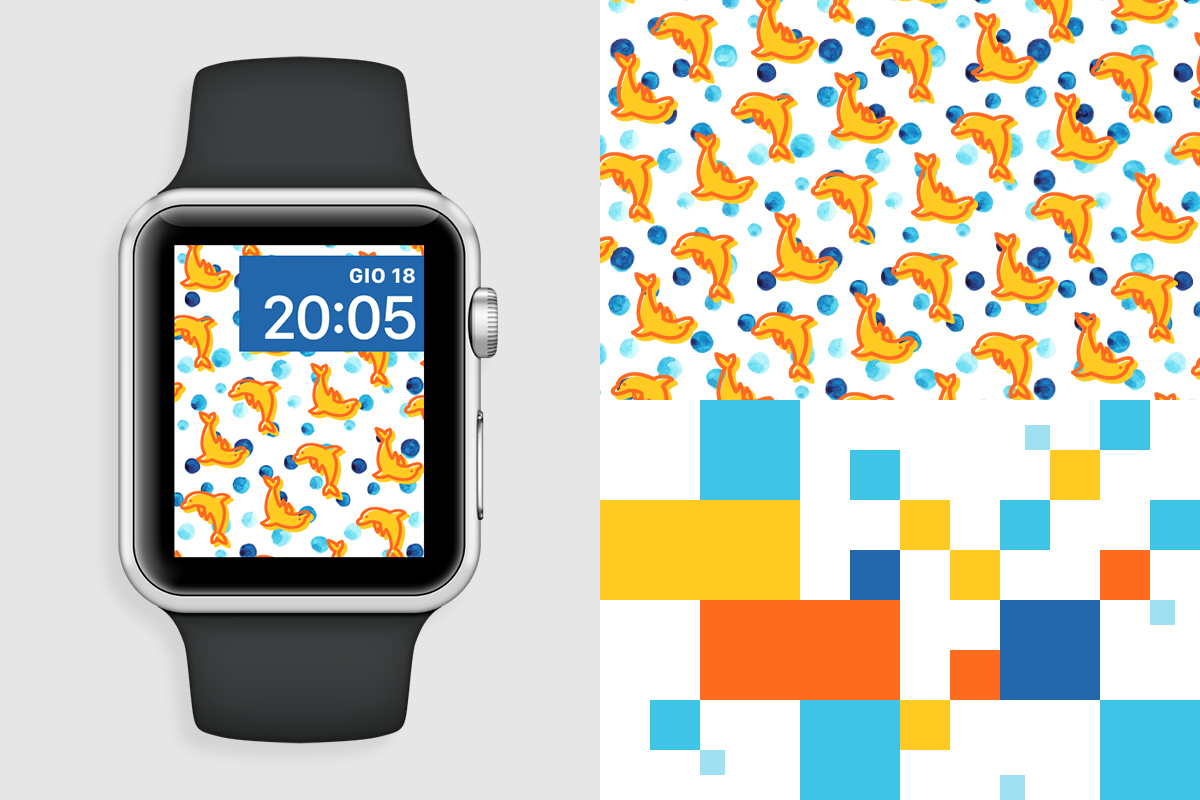 A sinistra, una delle due immagini visualizzata sullo schermo di un Apple Watch. A destra, la grafica della newsletter estiva del 2015 visualizzata al 100%: i delfini (sotto forma di icone) formano un pattern “vivace”, completato da una palette cromatica che evoca i colori delle estati più soleggiate