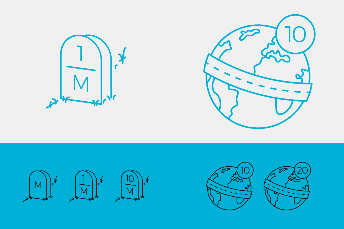 In alto a sinistra, l’animazione delle due icone in “positivo” (la pietra miliare con l’incisione del numero 1 e la pietra miliare con l’incisione del numero 10); in alto a destra, l’animazione delle due icone in “positivo” (il mappamondo con il numero 10 e il mappamondo con il numero 20); in basso, le stesse icone in “negativo” (nere su fondo azzurro) e in dimensioni ridotte