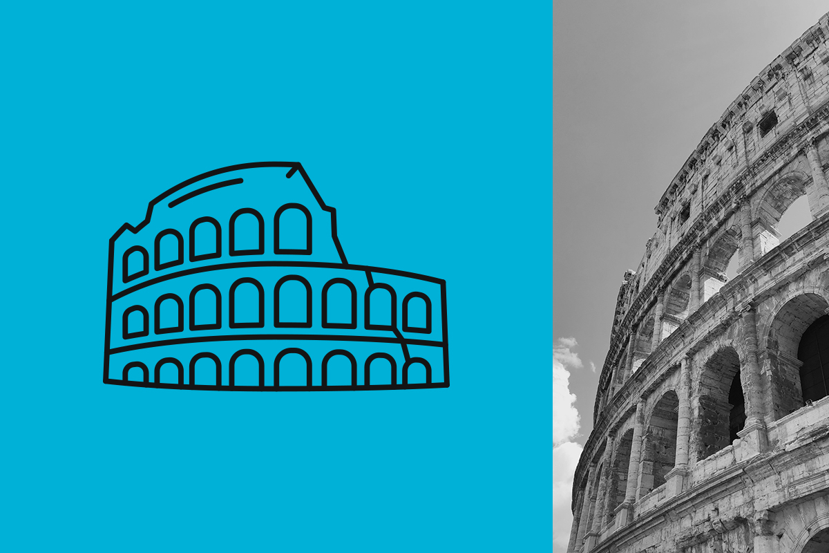 L’icona del Colosseo, l’anfiteatro di Roma ammirato da tutto il mondo; l’icona – in “negativo” (nera su fondo azzurro) – fa parte del set disegnato per l’interfaccia del videogioco “Ride 3”