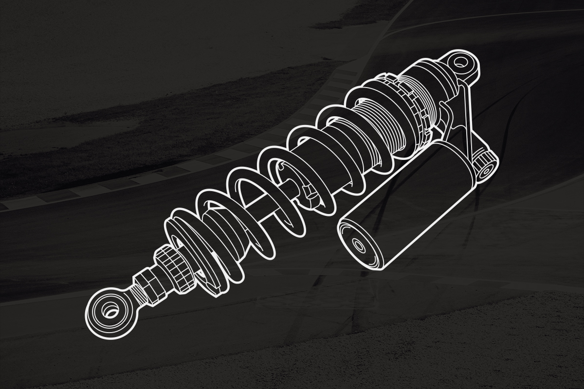 L’illustrazione dettagliata della sospensione di una moto; il disegno – qui visualizzato in “negativo” – è utilizzato nell’interfaccia del videogioco “MotoGP™19”