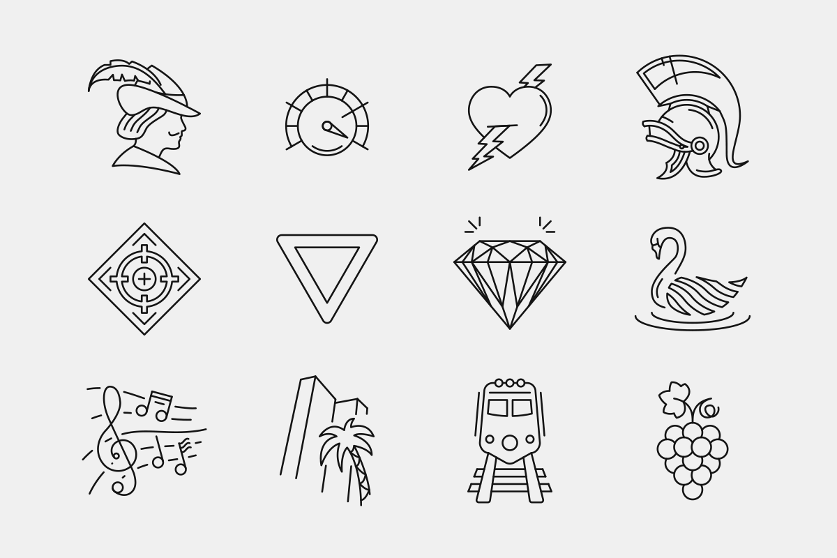 Dodici icone appartenenti al set disegnato per l’interfaccia del videogioco “Ride 3”; le icone – qui visualizzate in “positivo” (nere su fondo bianco) – sono disegnate in “outline” utilizzando colori piatti (“flat design”)