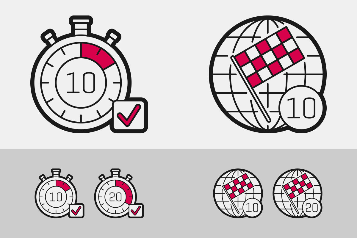 In alto a sinistra, l’animazione delle due icone in “positivo” (il cronometro fermo a 10 secondi e il cronometro fermo a 20 secondi); in alto a destra, l’animazione delle due icone in “positivo” (il mappamondo con il numero 10 e il mappamondo con il numero 20 – sorvolati entrambi da una bandiera a scacchi); in basso, le stesse icone in “negativo” (su fondo grigio) e in dimensioni ridotte
