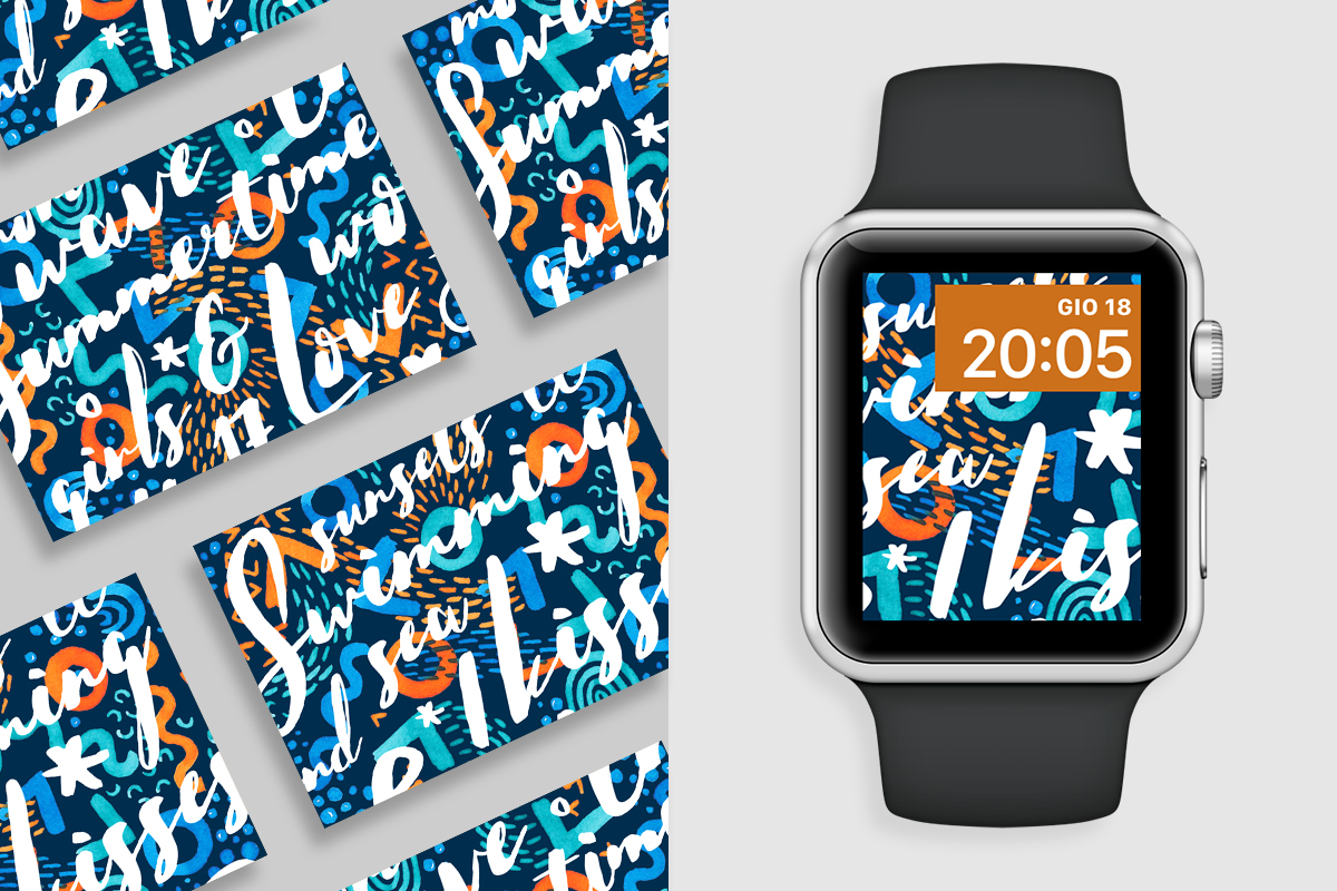A sinistra, le due immagini realizzate per la grafica della newsletter estiva del 2017; a destra, una delle due immagini visualizzata sullo schermo di un Apple Watch