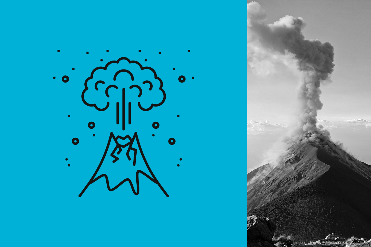 L’icona dell’eruzione di un vulcano; l’icona – in “negativo” (nera su fondo azzurro) – fa parte del set disegnato per l’interfaccia del videogioco “Ride 3”