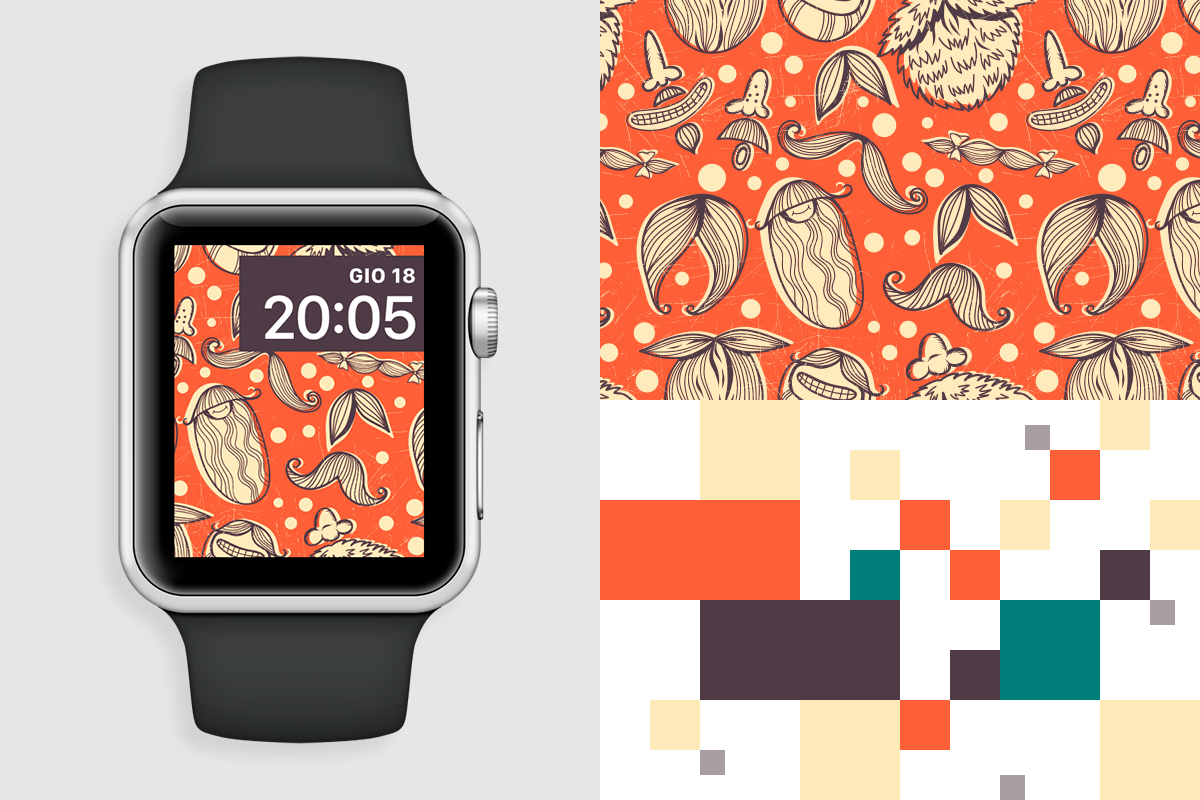 A sinistra, una delle due immagini visualizzata sullo schermo di un Apple Watch. A destra, la grafica della newsletter natalizia del 2015 visualizzata al 100%: i diversi tipi di barba formano un pattern “stravagante”, completato da una palette cromatica davvero insolita