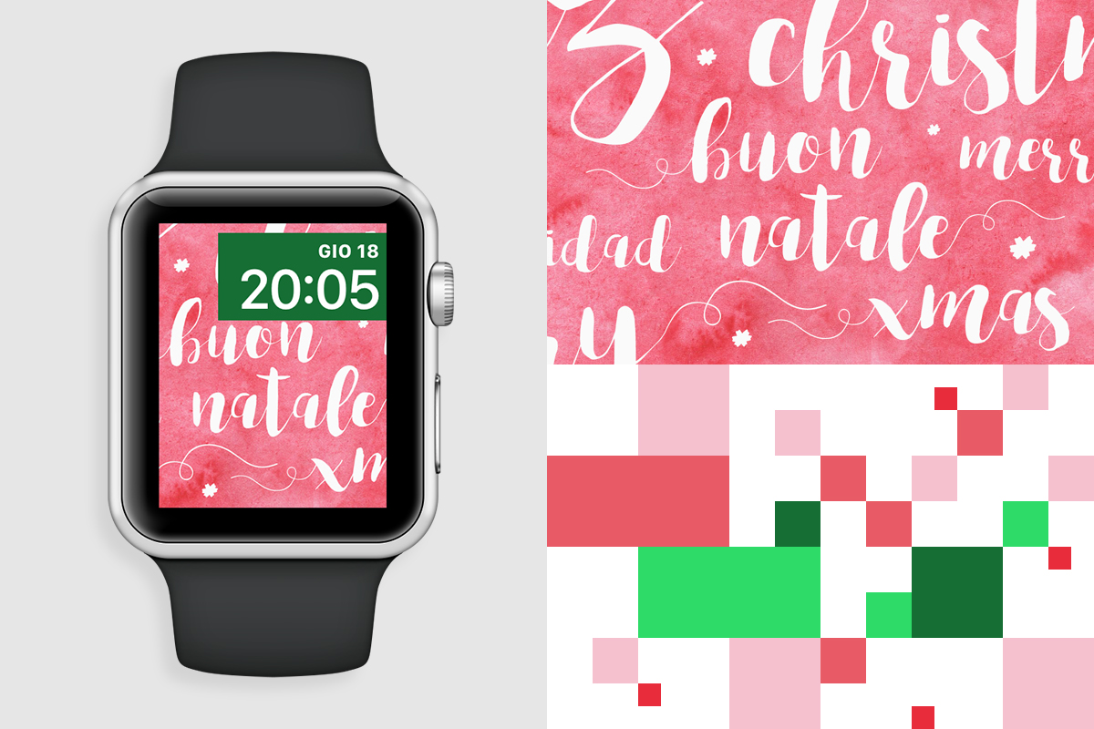 A sinistra, una delle due immagini visualizzata sullo schermo di un Apple Watch. A destra, la grafica della newsletter natalizia del 2016 visualizzata al 100%: le scritte a mano (unite allo sfondo) formano un pattern “accogliente”, completato da una palette cromatica che evoca i colori dei festeggiamenti più intimi