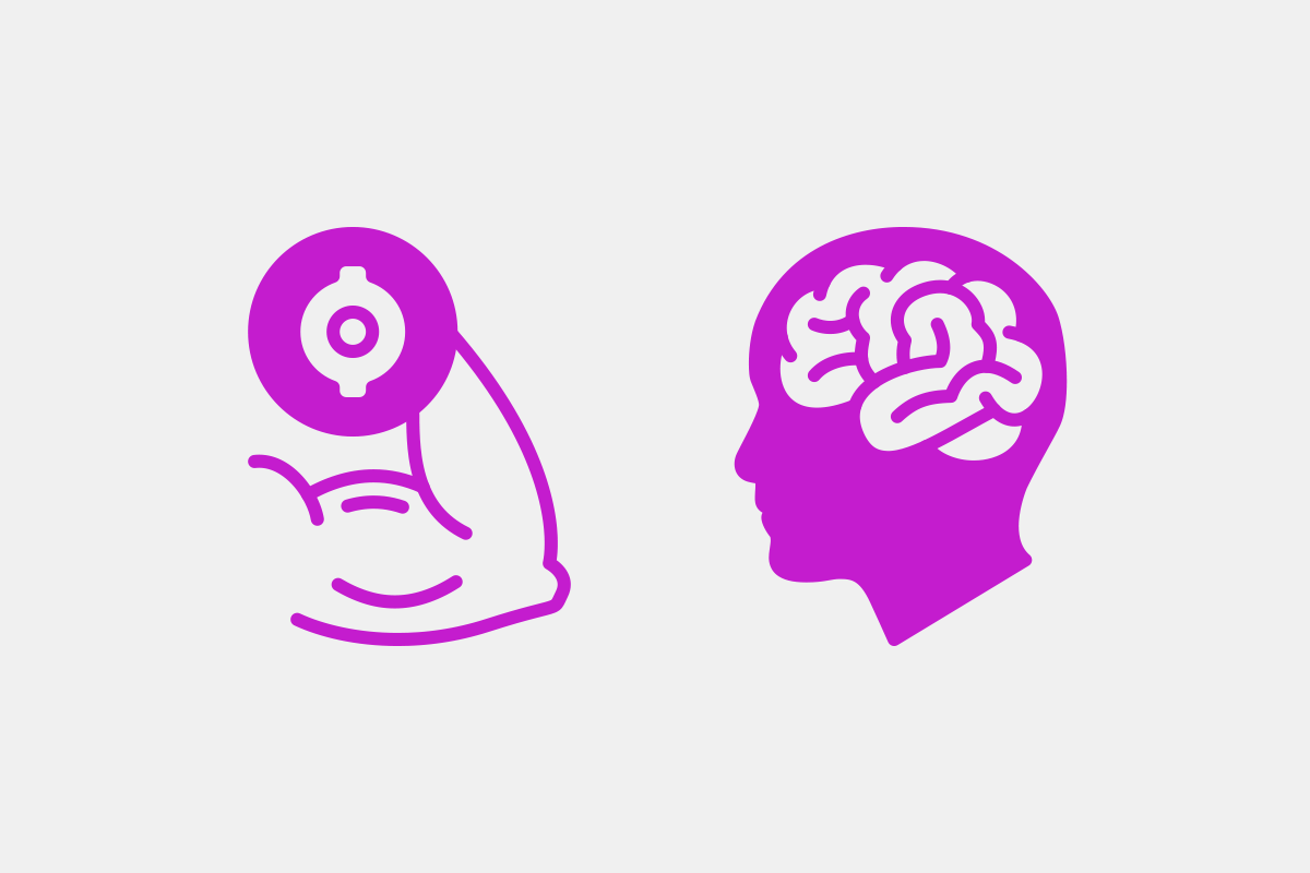 A sinistra, l’icona di un bicipite; a destra, l’icona di un cervello (entrambe le icone sono visualizzate in “positivo”, su fondo bianco)