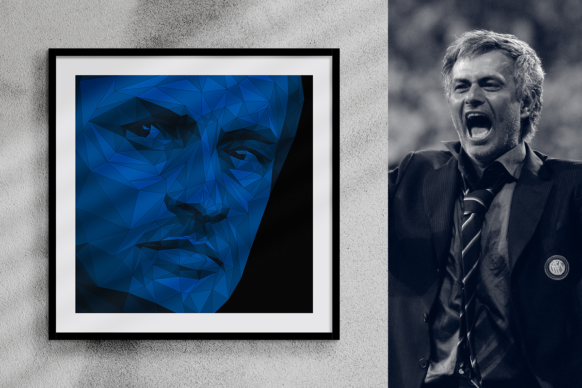 A sinistra, l’illustrazione poligonale di José Mourinho incorniciata e appesa a una parete; a destra, l’allenatore dell’Inter – nella memorabile notte di Madrid – esulta per la vittoria della Champions League