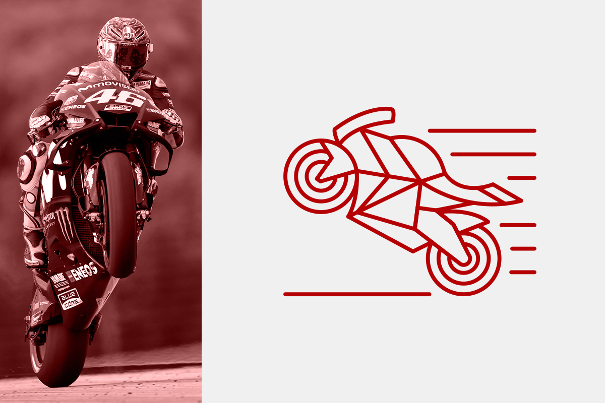 L’icona di una moto che sta facendo un’impennata; l’icona – in “positivo” (rossa su fondo bianco) – fa parte del set disegnato per l’interfaccia del videogioco “MotoGP™17”